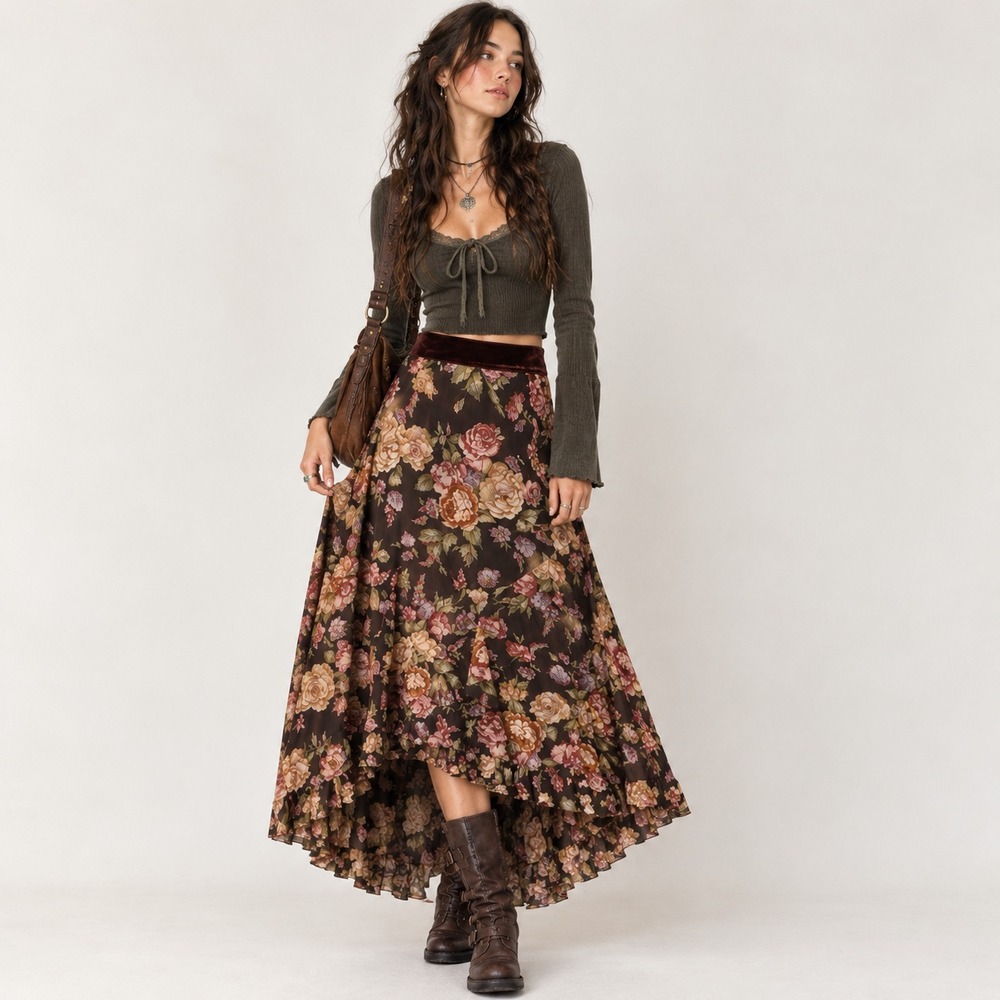 Cabi Silk Floral Hi-Lo Ruffled Hem Midi Skirt Brown Women S Fairy Grunge Y2K